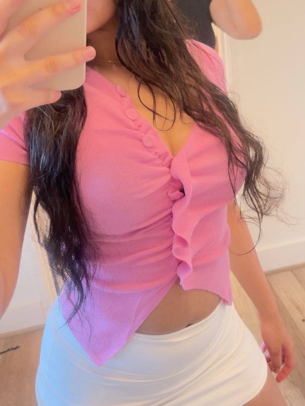 Pink Short Sleeve Ruffle Button Knit Top - Picture 4 of 4